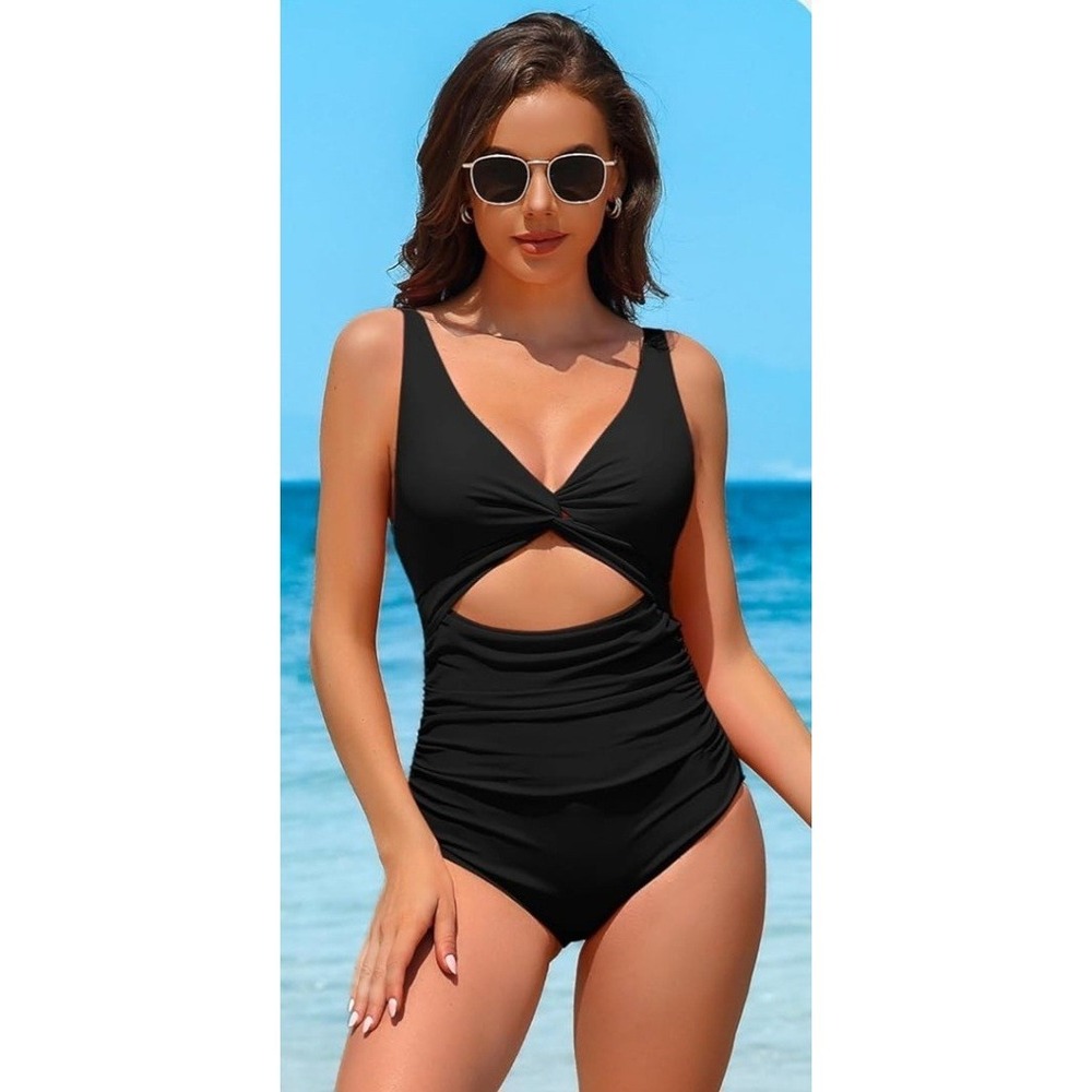CHARMO Sz M Black Scalloped Neck One Piece Swim Dress Built-in Bottom UPF 50+